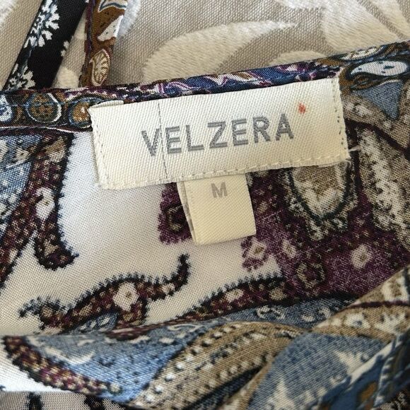 Velzera Mini Dress Women M Blue Multi Paisley TieBack Boho Peasant Gypsy Cottage - Picture 3 of 16